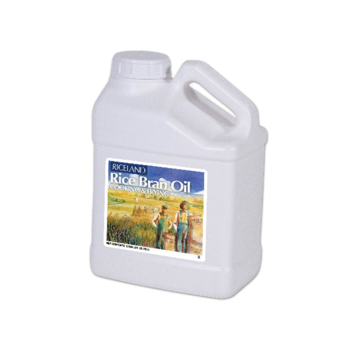 White one gallon jug of Rice Bran Oil with a label on a white background