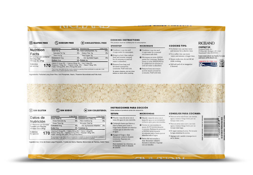 Riceland Gold Parboiled Long Grain Rice, 10 lb poly bag, Pack of 4