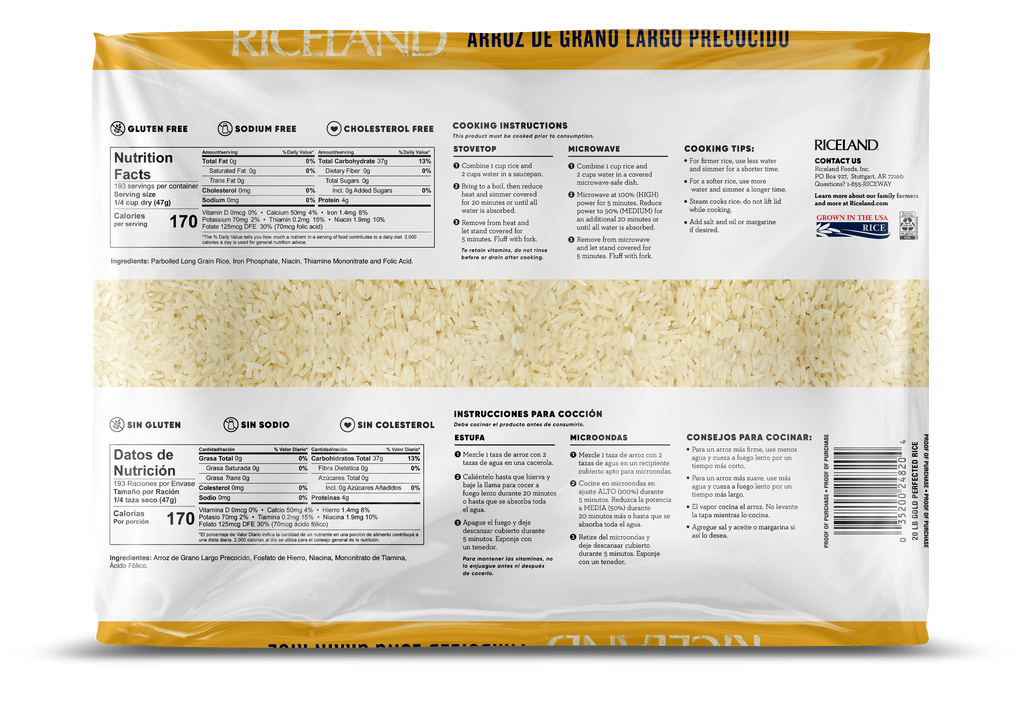 Riceland Gold Parboiled Long Grain Rice, 20 lb poly bag, Pack of 3