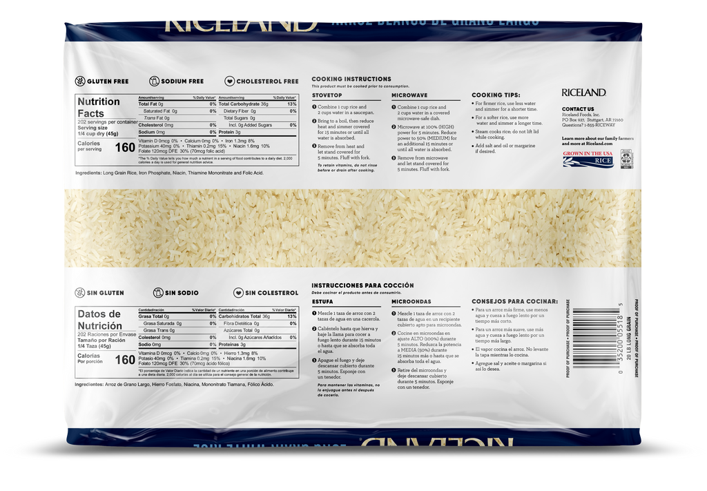 Riceland 4% Extra Long Grain White Rice, 20 lb poly bag, Pack of 3