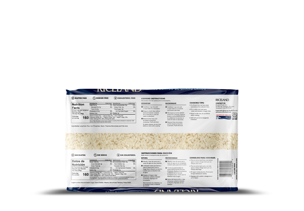 Riceland 4% Extra Long Grain White Rice, 5 lb poly bag, Pack of 8