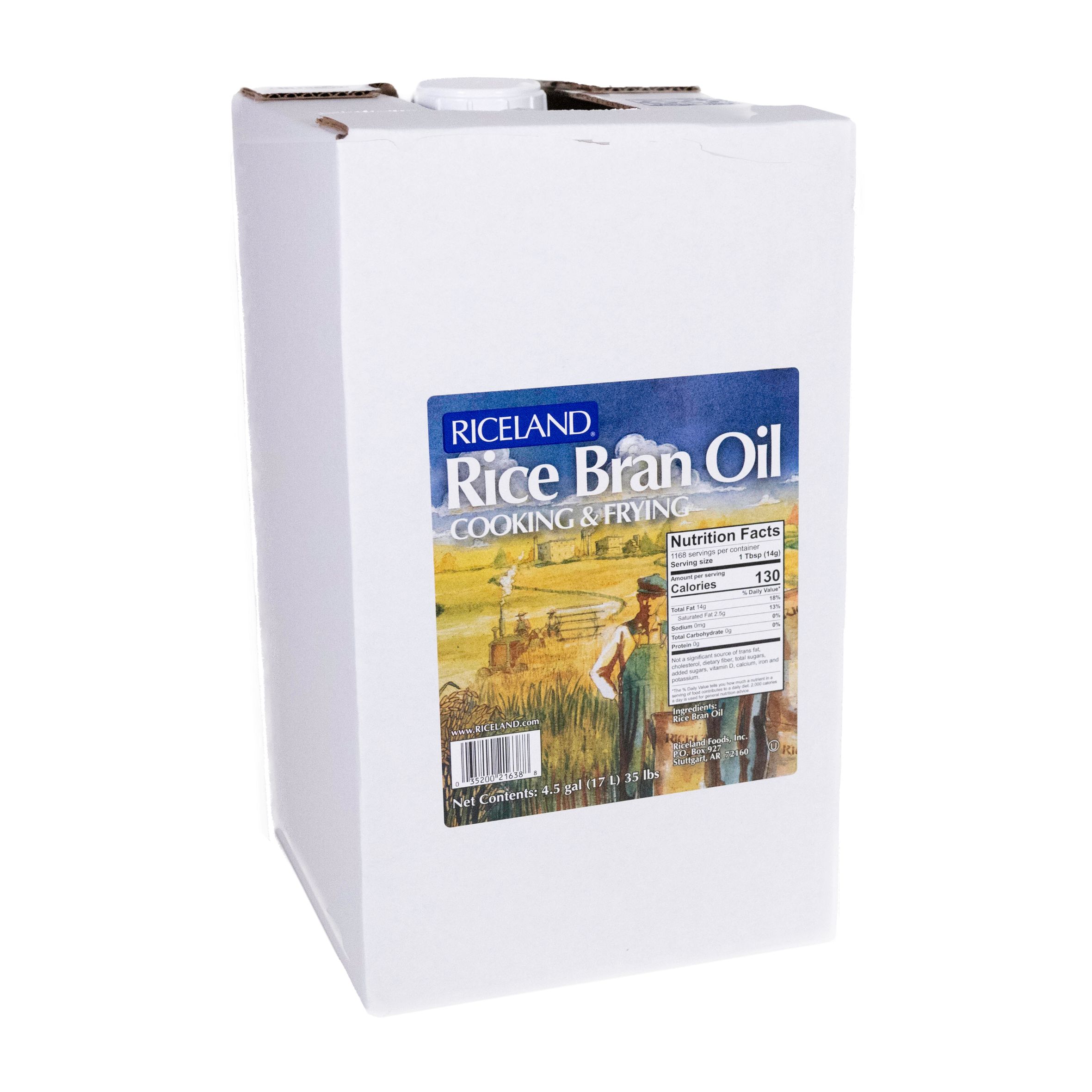 Riceland Rice Bran Oil packaging in a 35 pound jug in a box.