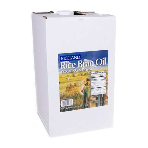 Riceland Rice Bran Oil packaging in a 35 pound jug in a box.