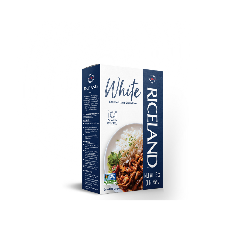Riceland white rice 1 pound carton on a white background