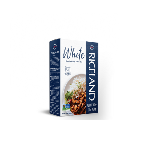Riceland white rice 1 pound carton on a white background