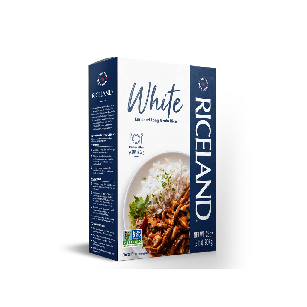 Riceland white rice 2 pound carton on a white background