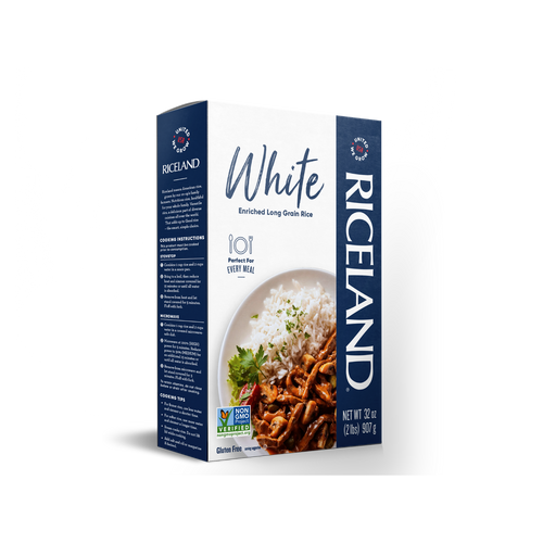 Riceland white rice 2 pound carton on a white background