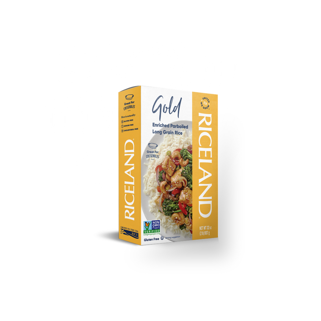 Riceland Gold 2 pound carton of rice on a white background
