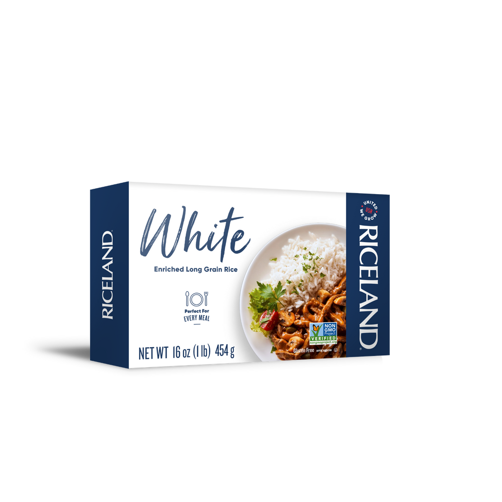 Riceland white rice 1 pound carton on a white background