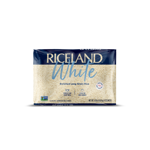 Riceland White Enriched Long Grain Rice 10 pound package on a white background