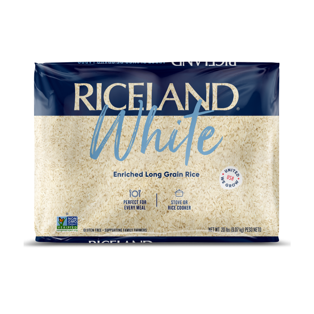 Riceland White Enriched Long Grain Rice 20 pound package on a white background 