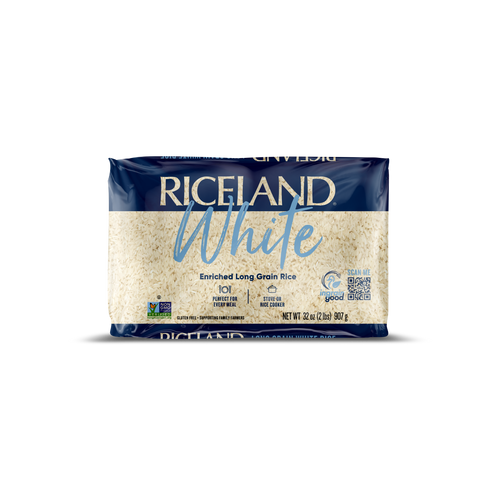 Riceland White rice 2 pound package on a white background