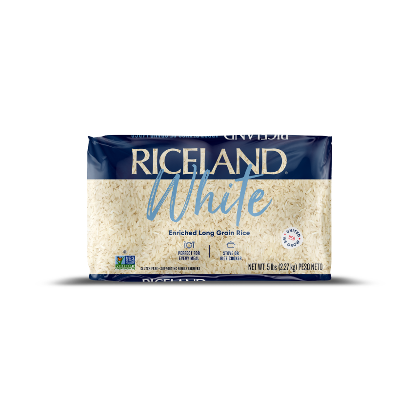 Riceland White rice 5 pound package on a white background