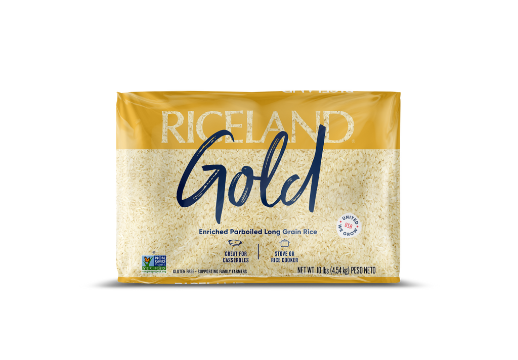 Riceland Gold rice 10 pound package on a white background