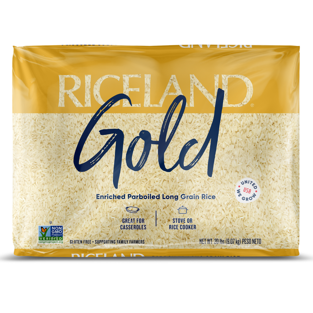 Riceland Gold rice 20 pound package on a white background