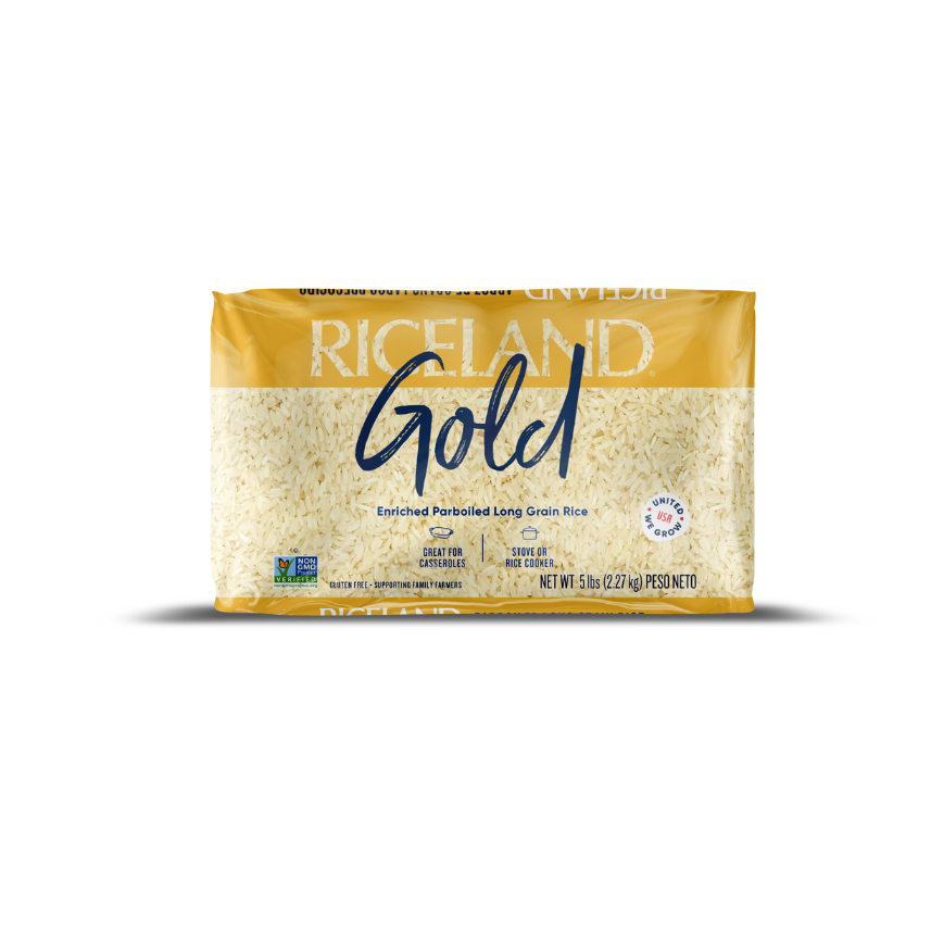 Riceland Gold rice 5 pound package on a white background