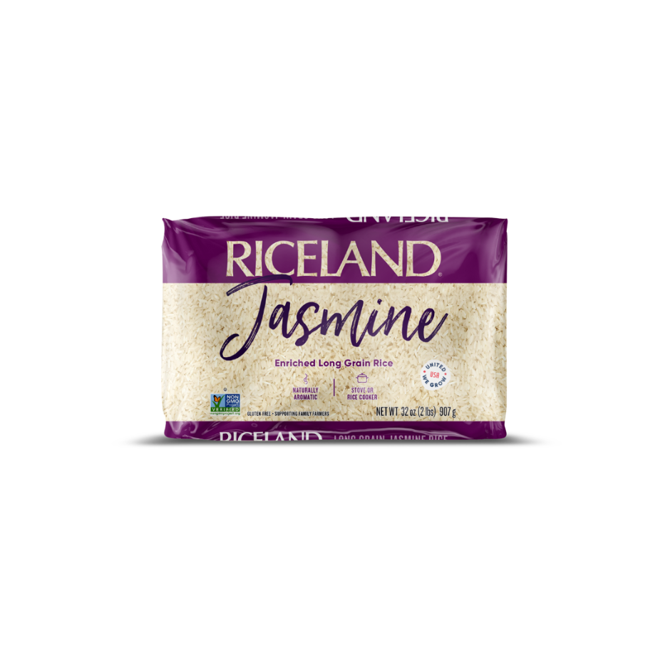 Riceland Jasmine rice 2 pound package on a white background