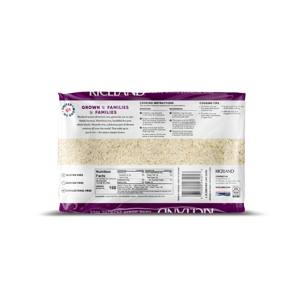 Back of Riceland Jasmine rice 2 pound  package on a white background