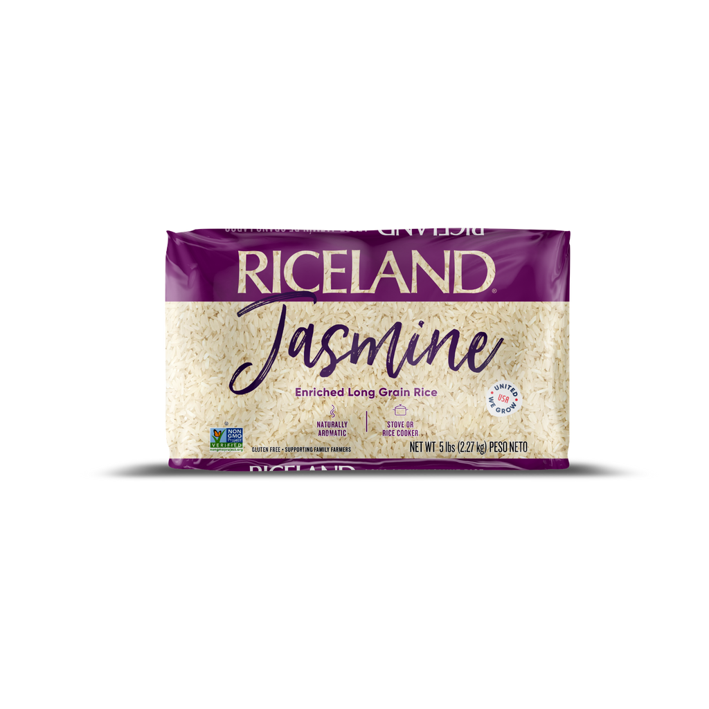 Riceland Jasmine rice 5 pound package on a white background