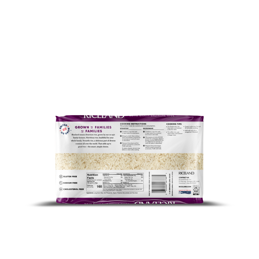 Back of  Riceland Jasmine Rice 5 pound package on a white background