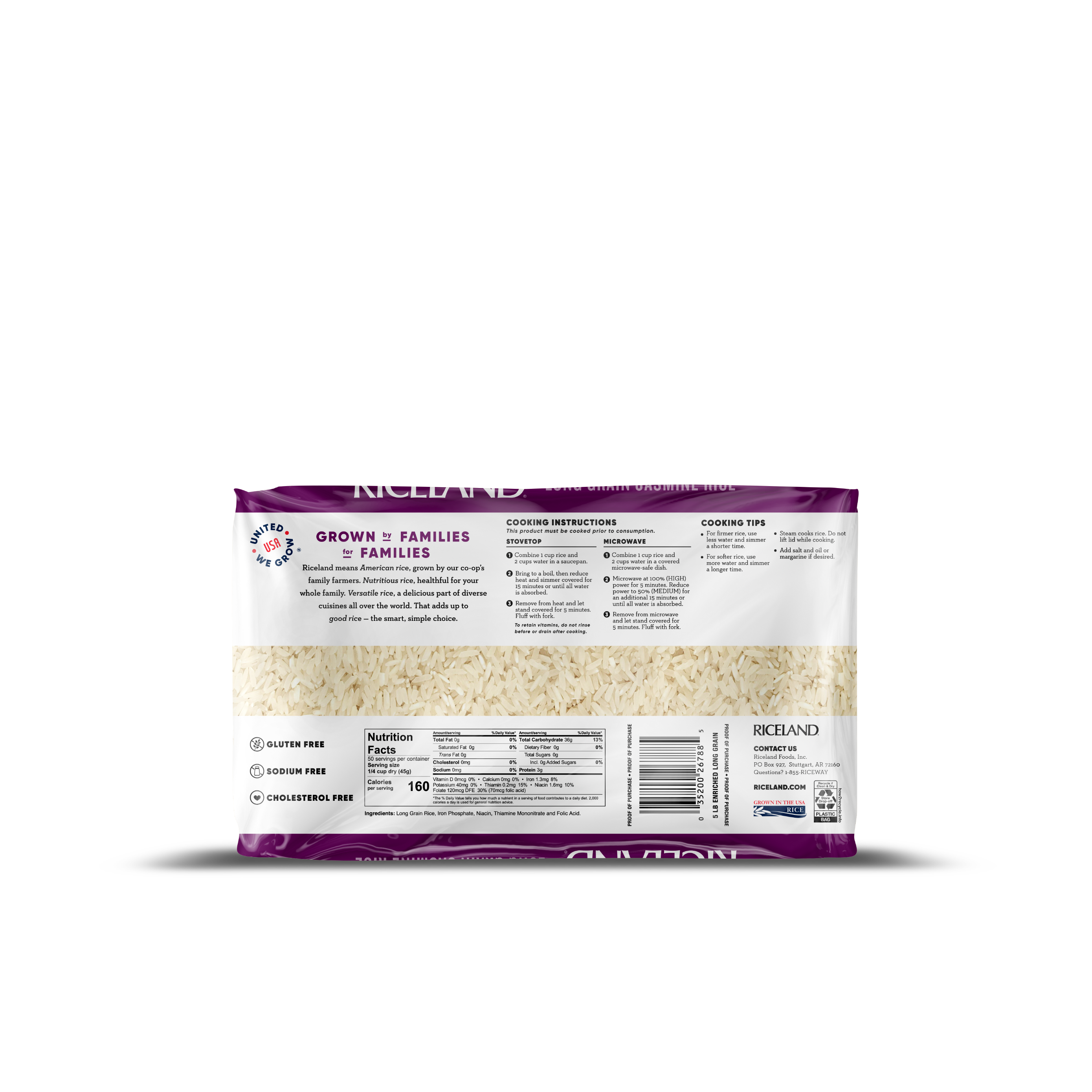 Back of  Riceland Jasmine Rice 5 pound package on a white background